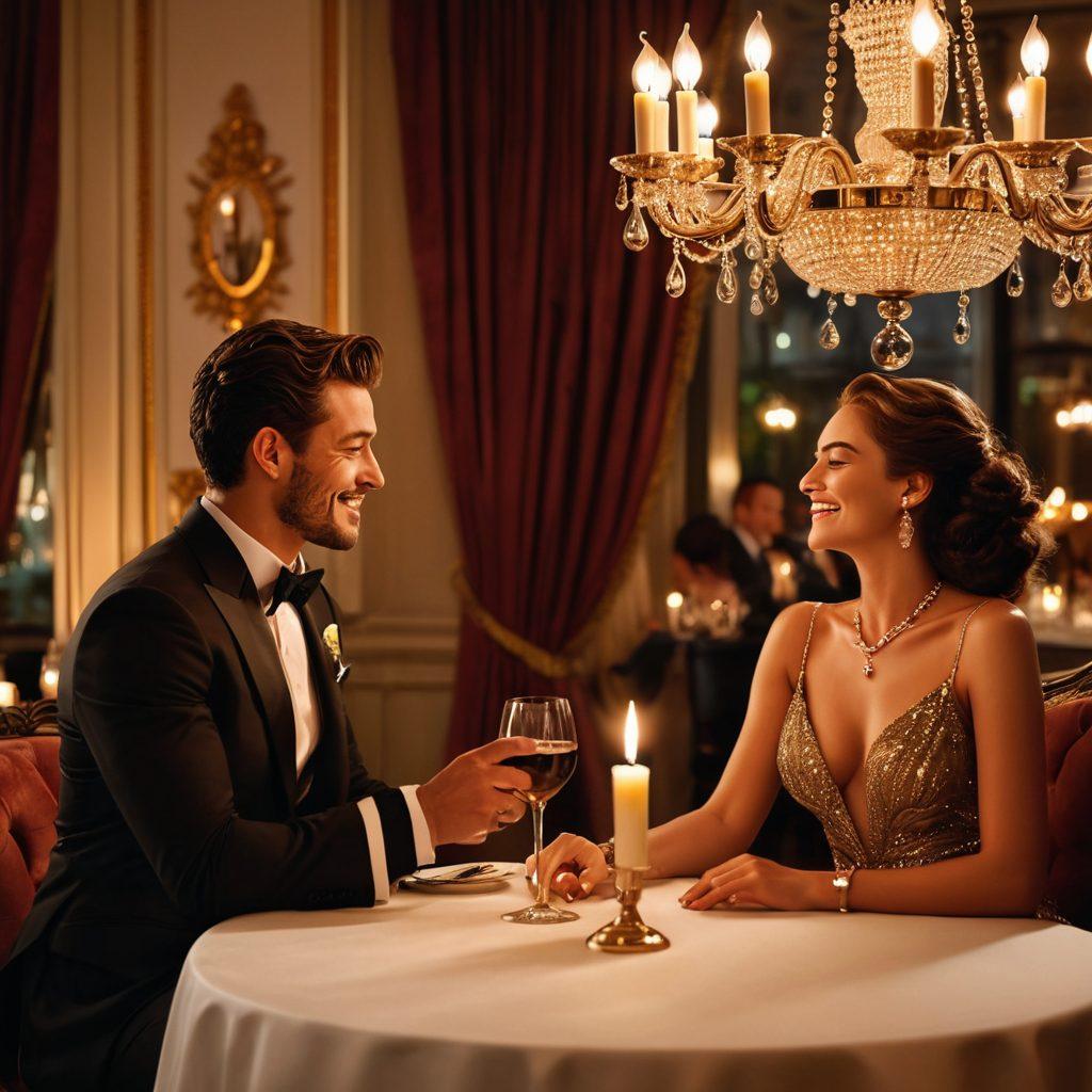 A luxurious setting featuring an elegant couple in a stylish restaurant, engaging in a deep conversation over candlelight, with opulent decor around them. The woman, dressed in a chic outfit, is laughing, while the man, in a tailored suit, listens intently. Include symbols of wealth like a sparkling chandelier and a fine wine bottle on the table. The atmosphere should exude exclusivity and intimacy, showcasing the dynamics of sugar daddy relationships. super-realistic. vibrant colors. upscale ambiance.