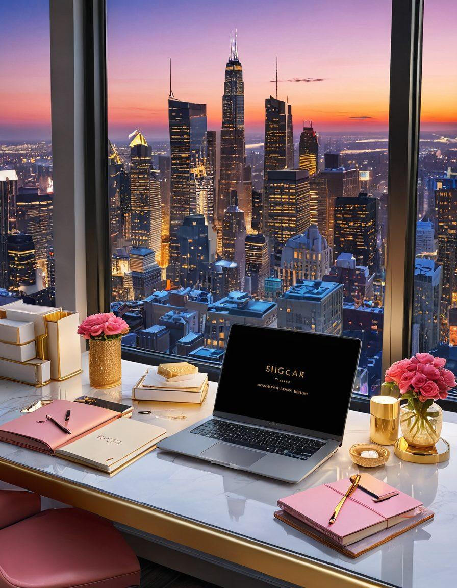 A stylish, modern workspace featuring a luxurious desk with an open personal journal, a laptop showing a vibrant blog design, and elegant decor items symbolizing sugar daddy connections. The background showcases glamorous city skyline with hints of exclusivity and wealth. Soft golden lighting enhances the ambiance. super-realistic. vibrant colors. 3D.